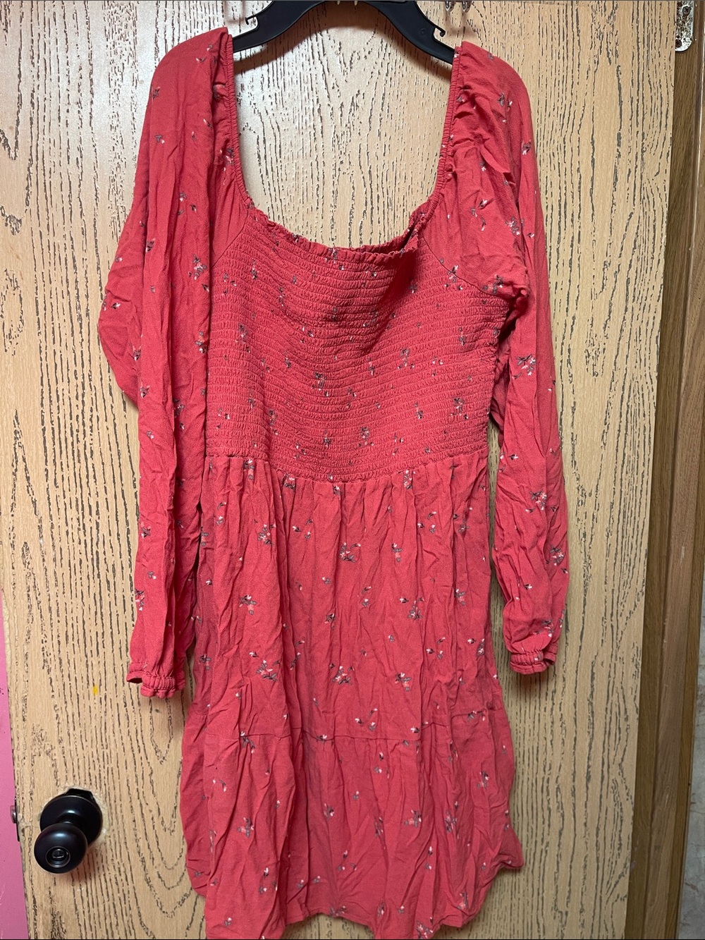American Eagle Outfitters Coral Smocked Long Sleeve Dress